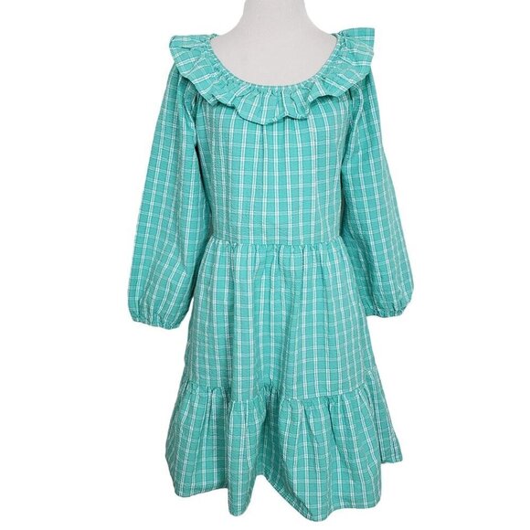 J Crew Factory Seersucker Ruffleneck Mini Dress Womens Size 6 Aqua Plaid Cotton - Picture 1 of 15